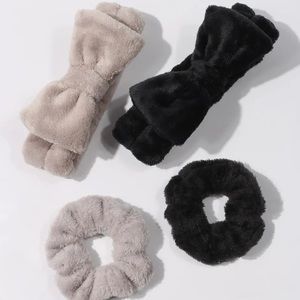 4pcs Solid Colour Bow Hair Bands Simple Monochrome Plush Hair Bands Wash.